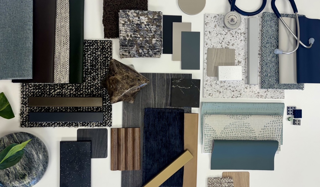 flatlay inspiration of Carolina's space at healthcare design conference and expo featuring a moodboard layout of props, textiles, fabrics, stones, flooring, veneers, and more