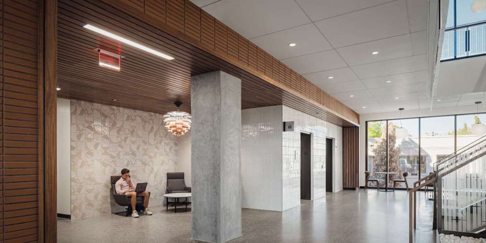Lobby area in a university with two separate seating areas