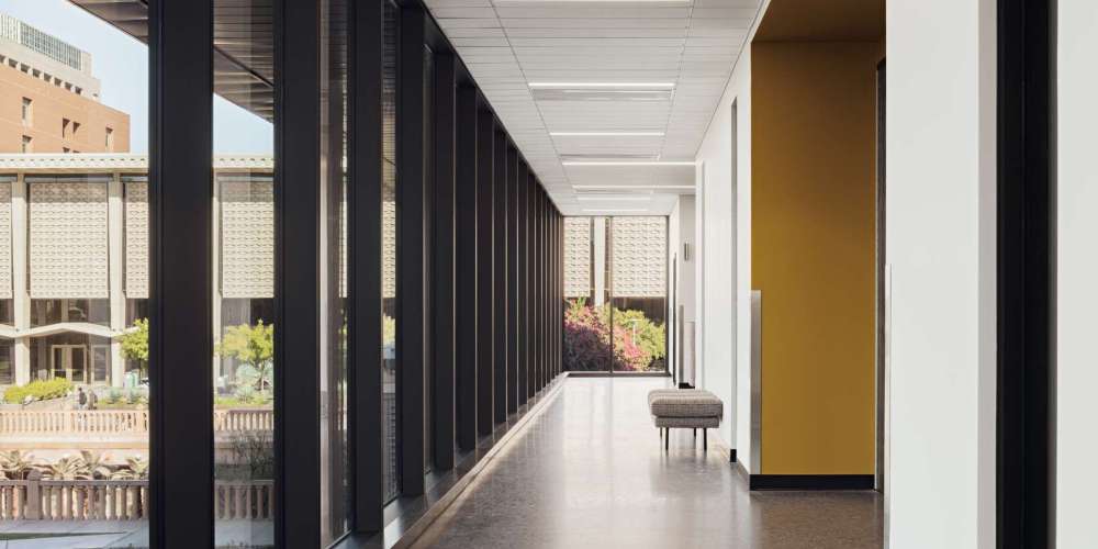 Hallway in Arizona State university Wilson Hall with lounge bench