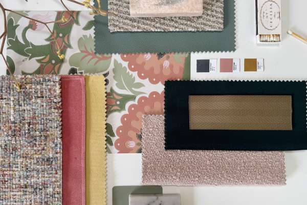 Flatlay arrangement featuring Halo upholstery fabric alongside coodinating materials, swatches, and textured finish samples in warm pinks, golds, greens, and neutrals.