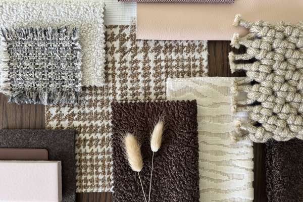 Flatlay featuring Monte high-performance textile with coordinating swatches, finish chips, and textured accents in warm neutrals and soft grays.