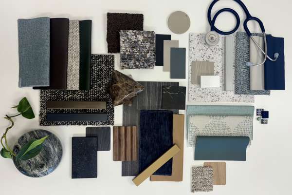 Carolina Textiles and sneak peek design flatlay for healthcare design conference and expo HCD
