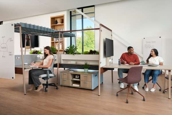 Kaleid workstation system supporting focus and collaboration featuring Ezel, mobile storage, and flexible workspace zones