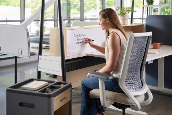 Kaleid flexible workstation with mobile storage, privacy panels, and adjustable desk in an open office environment