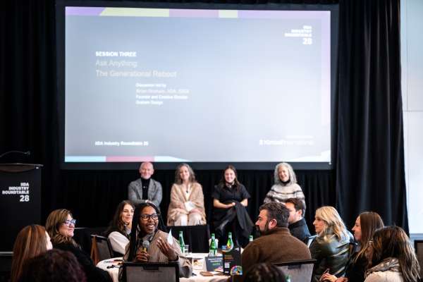Panel discussion with audience participation at IIDA Roundtable focused on generational perspectives in the workplace