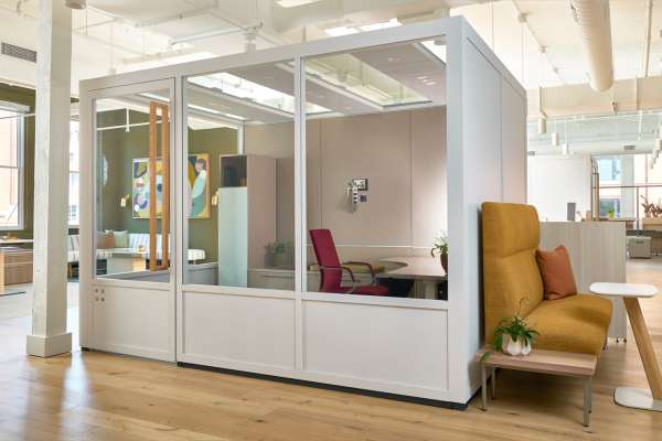 Room L Booth with OFS Staks and Coact lite in Chicago showroom