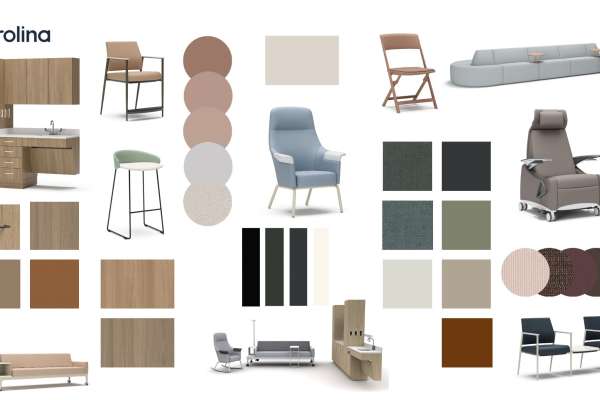 Carolina HCD moodboard with healthcare furniture seating and cabinetry and colors for interior designers inspirations