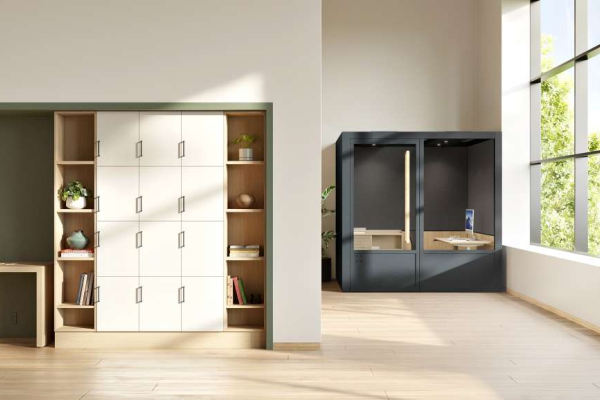 Healthcare cabinetry and phone booth pod with large window and natural light
