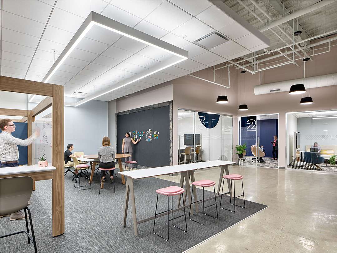 A variety of meeting areas within an office