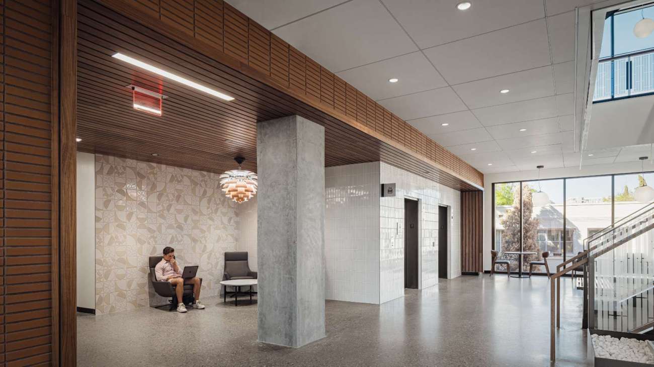 Lobby area in a university with two separate seating areas