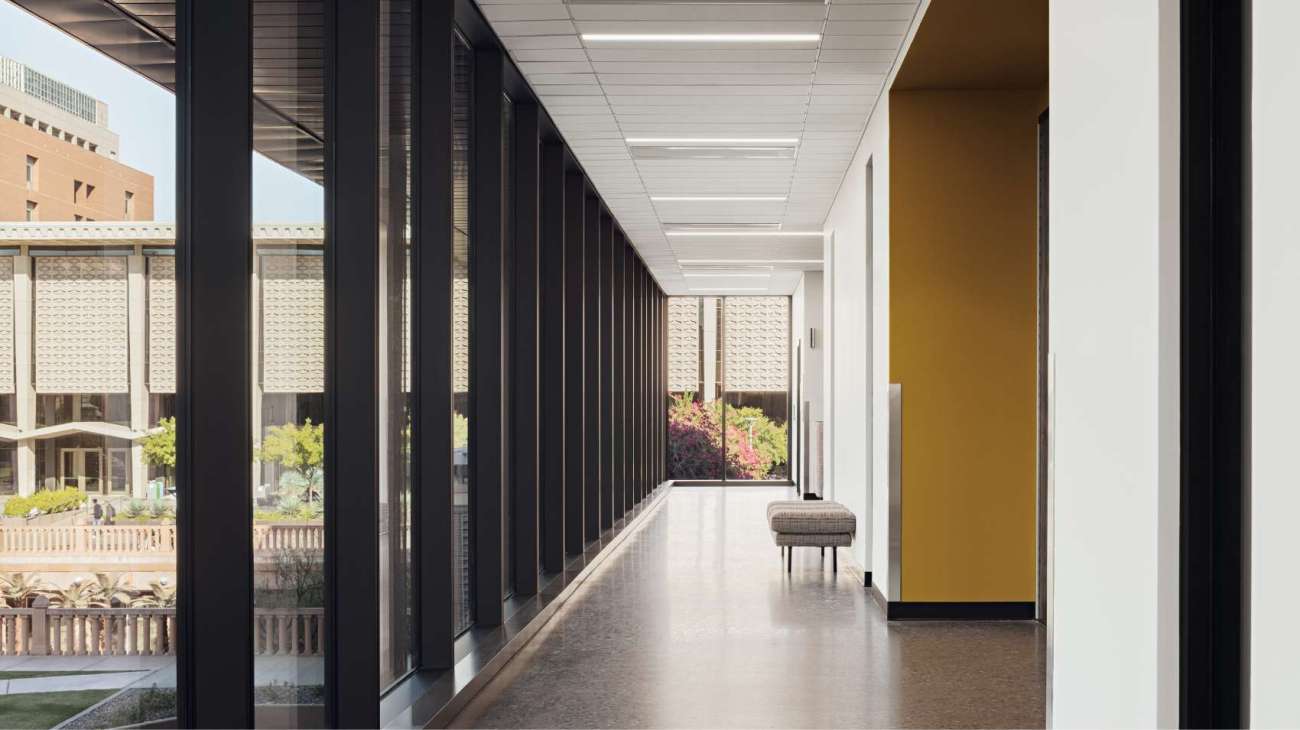 Hallway in Arizona State university Wilson Hall with lounge bench