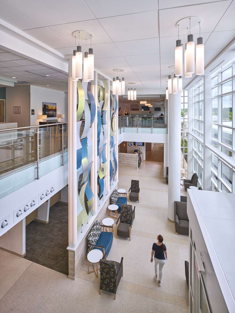 Aerial view of hospital hallway waiting area