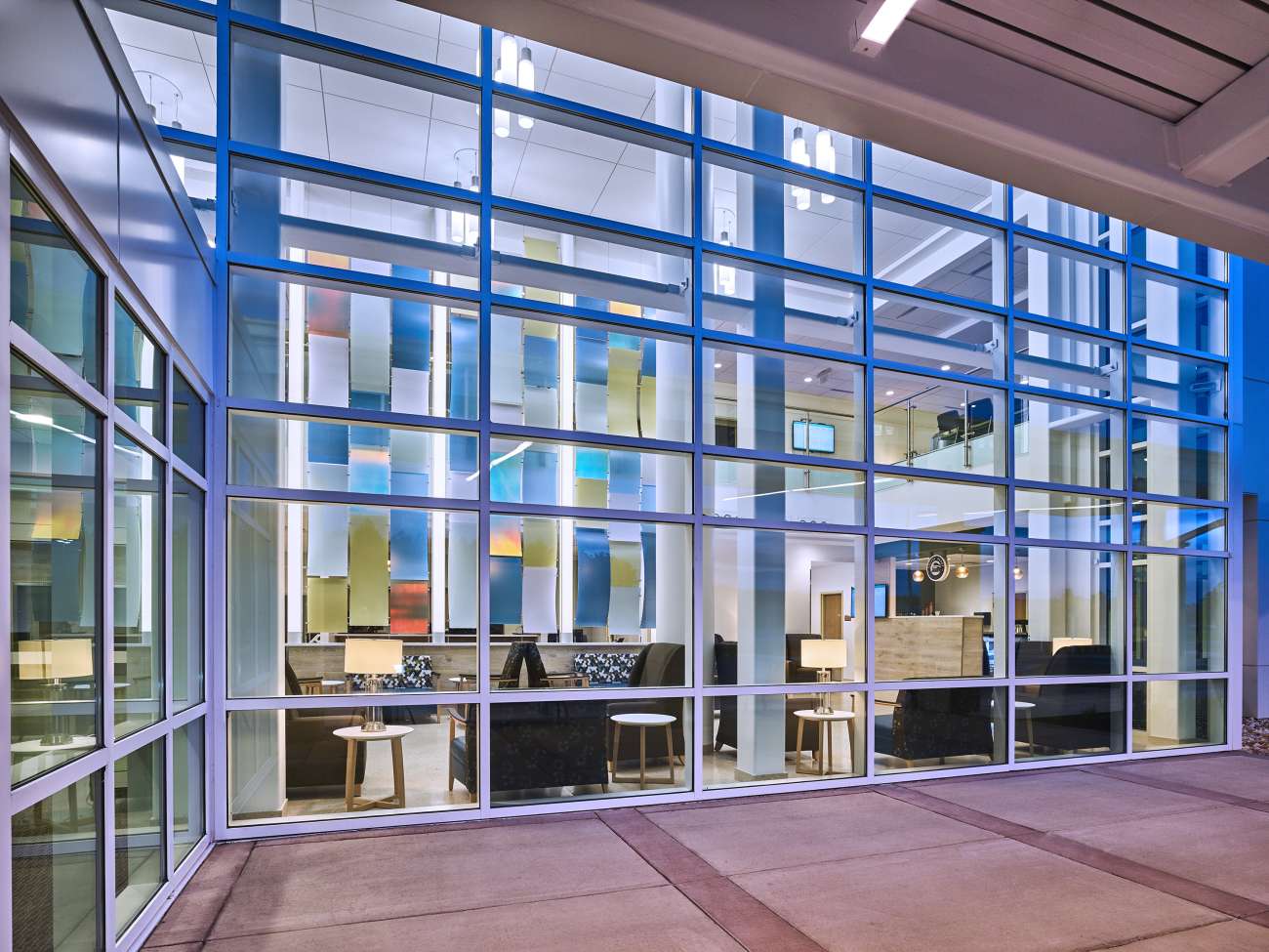 Hospital waiting room through exterior windows